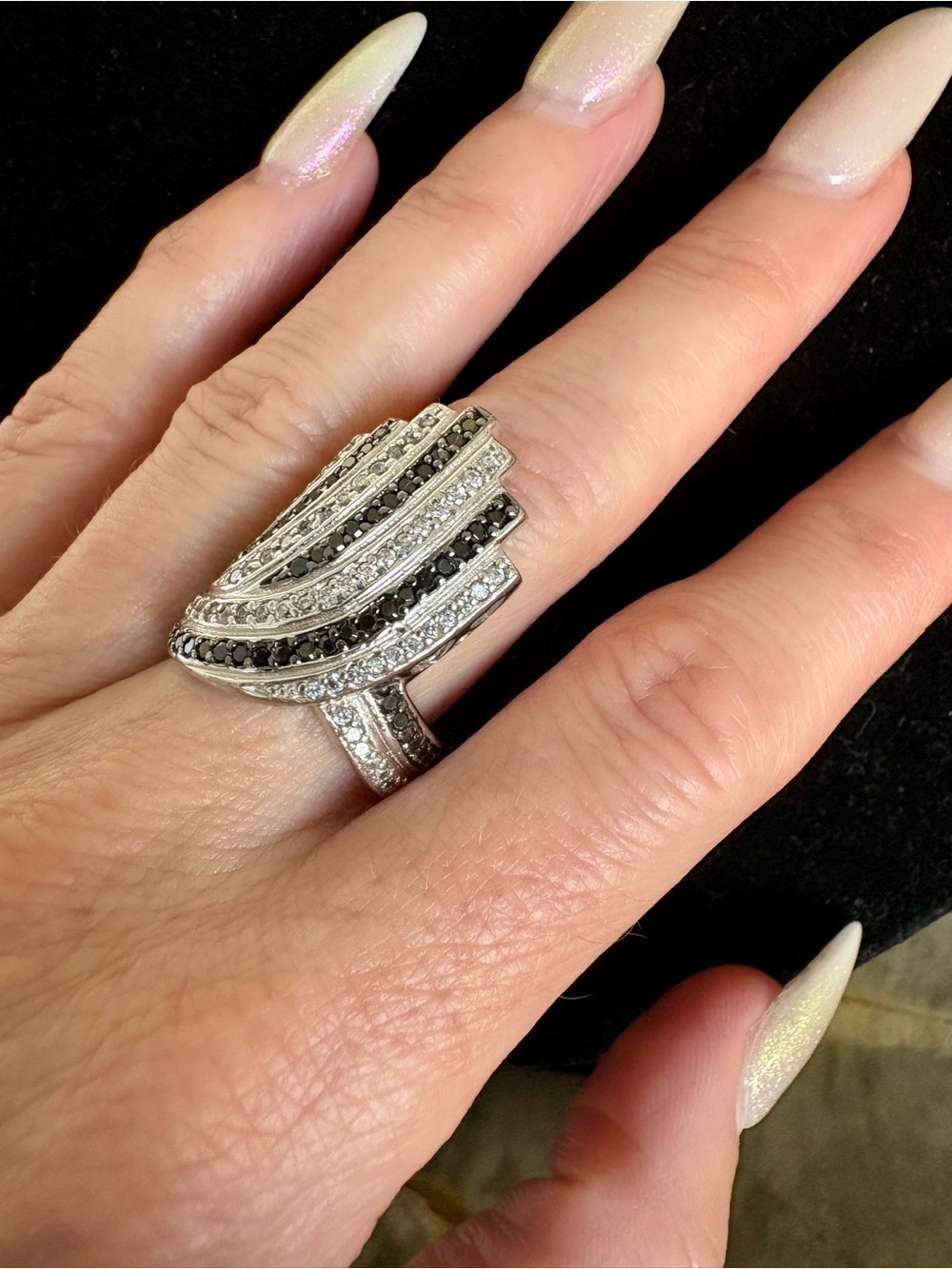 LARGE GENUINE 2 CT Black White Diamond
Ring Art Deco Sz 7 Sterling S 18k Gold P - Picture 3 of 15